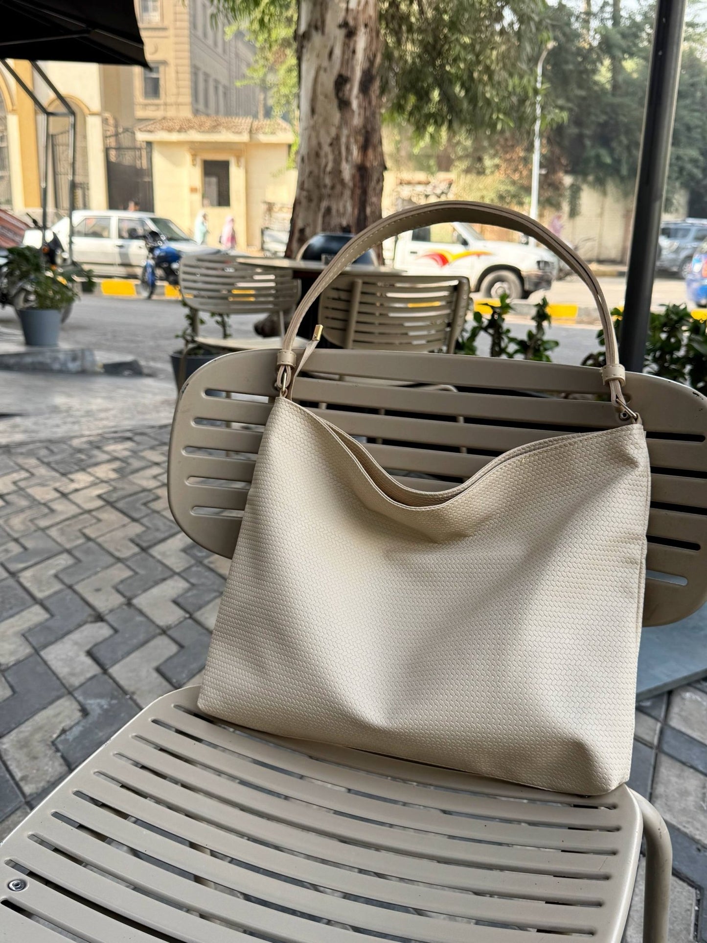 Scaled Leather Tote - Beige - Ella